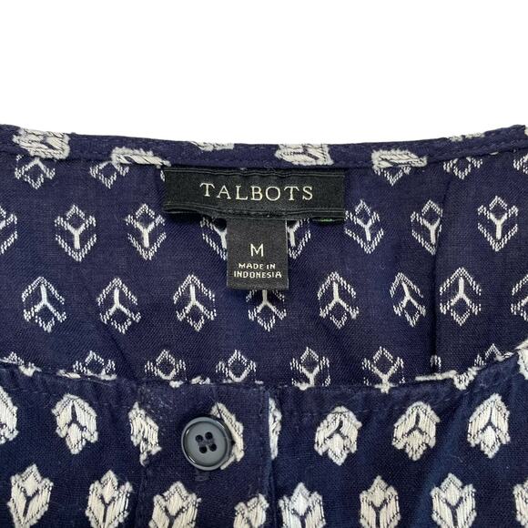 TALBOTS Blue White Geometric Embroidered Woven Cotton Button Up Blouse Medium - Picture 6 of 10